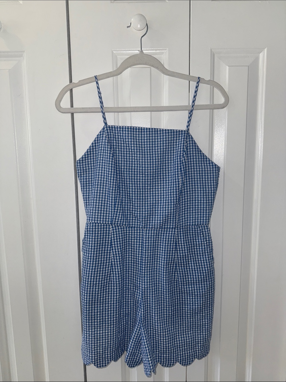 HYFVE Blue Gingham Spaghetti-Strap Romper with Scalloped Hem